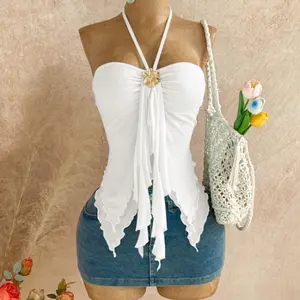 Minimal Halter Top Asymmetrical Hem Sleeveless Beach Summer Top