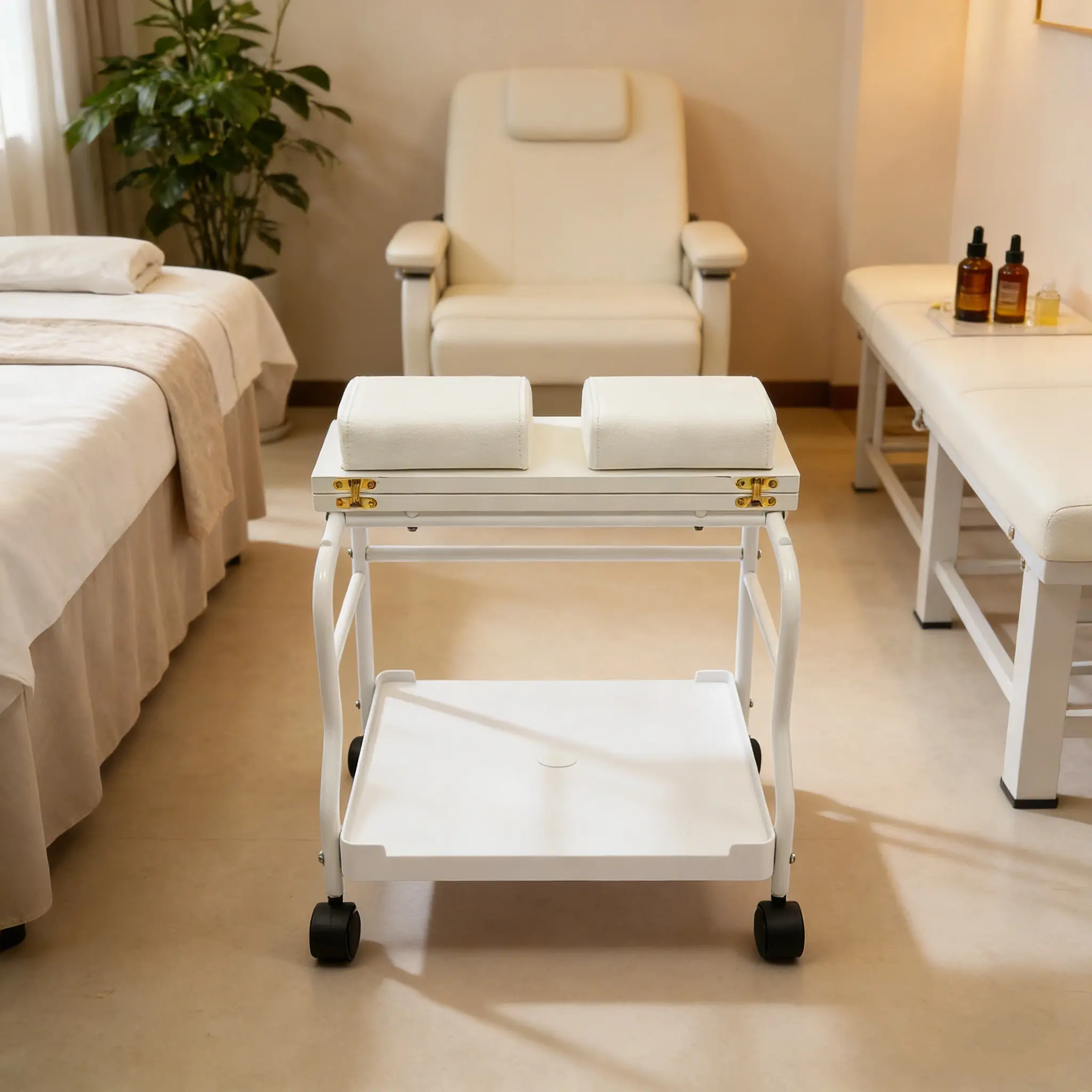 CNCEST Foldable Foot Spa Trolley 39.7lb Capacity Rolling Cart with Brake Wheels Heavy-Duty Wood Top for Pedicures & Massage (Assembly required) Salon Equipment, Pedicure Aid
