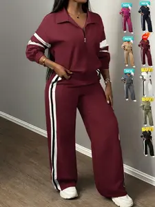 Women's Zipper Jacket & Striped Wide-Leg Pants Set, Streetwear & Casual, Two-Piece Suit for Daily Wear, Airport Outfit