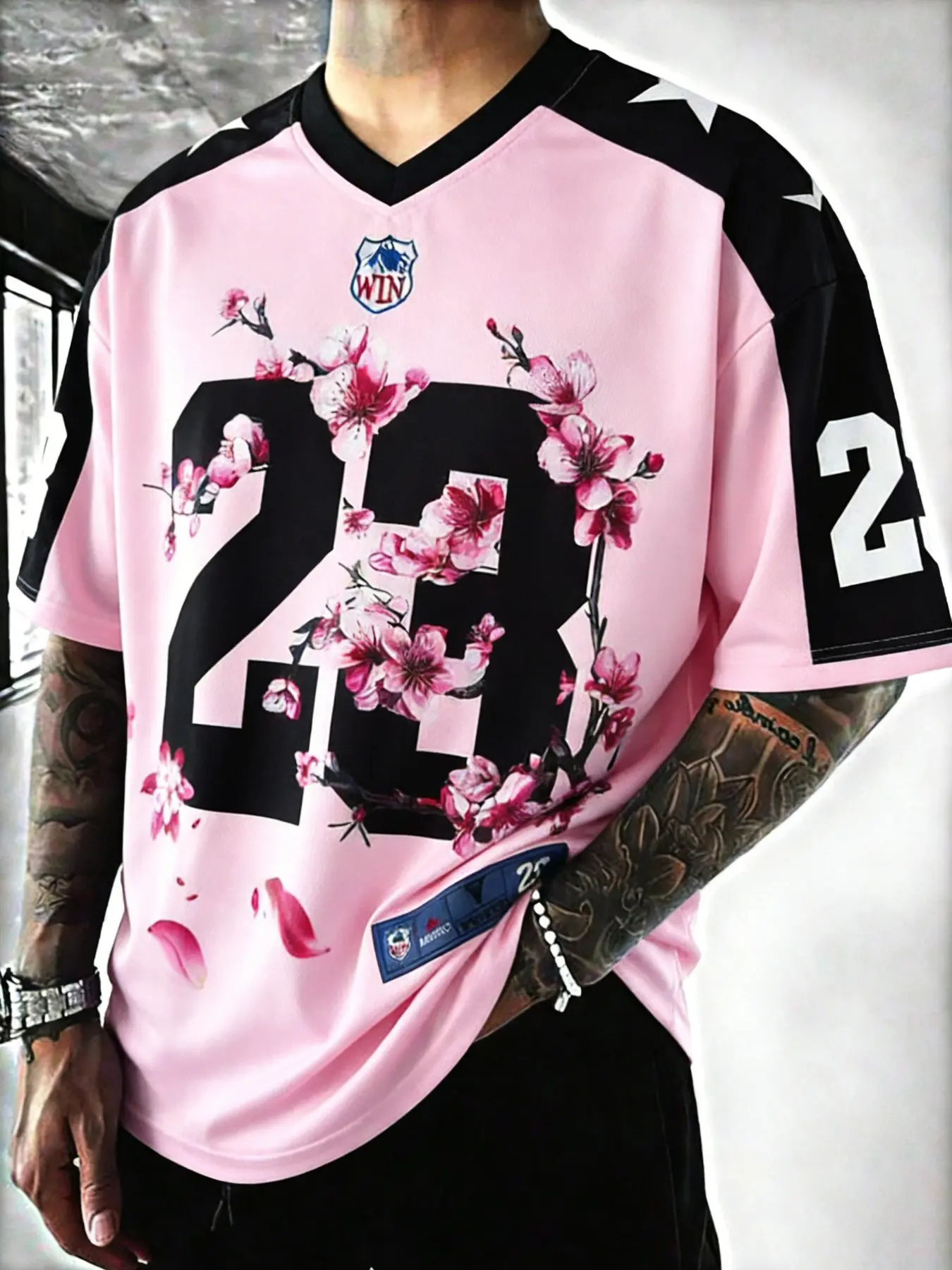 Limited Edition Sakura Sports Jersey No. 23, Sweet Cool Colorblock, High Street V-Neck Short Sleeve, American Football Style Patchwork, Stylish Jersey, Sports Apparel