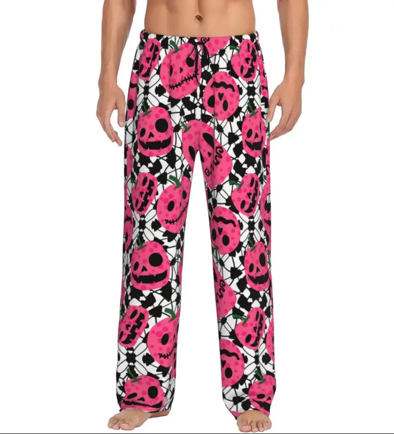 Pink Pumpkin Skull Halloween Pajama Pants – Pastel Goth Spiderweb Sleep Bottoms, Cute Spooky Gift for Men & Women