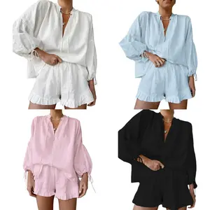 Linen Shorts Sets Women 2 Piece Outfits Long Sleeve Tie Front Tops and Ruffled Boxer Shorts Matching Lounge Sets