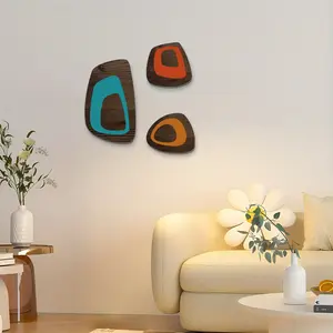 Three medieval modern style wooden wall decorative paintings in sky blue, brown and black with retro abstract geometric patterns, suitable for bedroom, living room or office decoration. Indoor/outdoor mural decoration: Vintage wooden wall signs