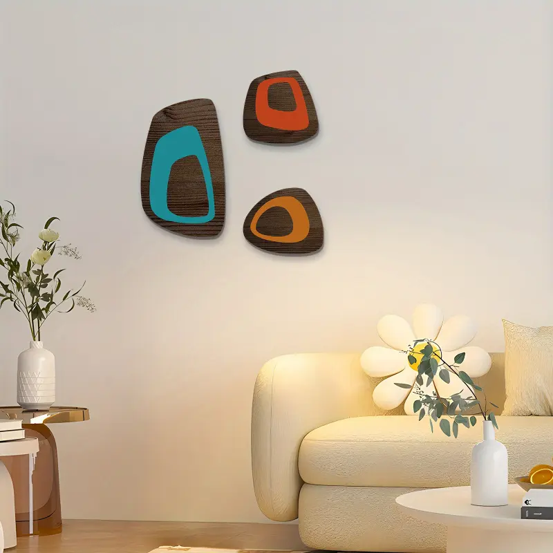 Three medieval modern style wooden wall decorative paintings, Room Wall Art, in sky blue, brown with retro abstract geometric patterns, suitable for bedroom, living room decoration, Indoor/outdoor mural decoration, Vintage wooden wall signs