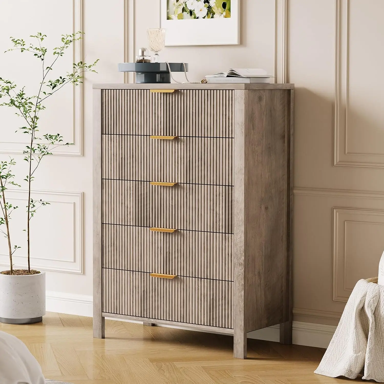 Gaomon 5-Drawer Engineered Wood Storage Dresser with Fluted Finish - Built-in Drawers, 45-Inch Tall Slim Profile Chest, Modern Farmhouse Home Organizer for Bedroom Small Spaces, Easy Setup, Drawer Organization