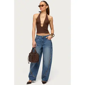 Button Stitch Low Rise Barrel Jeans