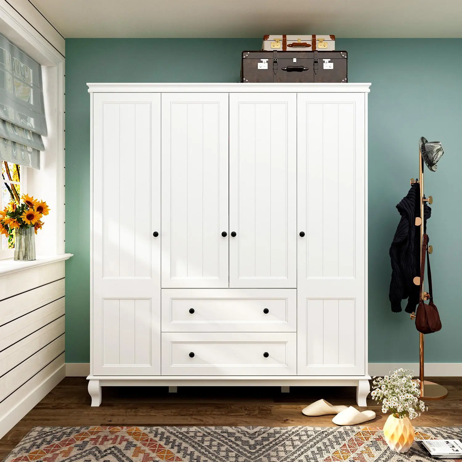 FUFU&GAGA Home Traditional 2 Drawer Freestanding Wood Armoire in White Lacquer