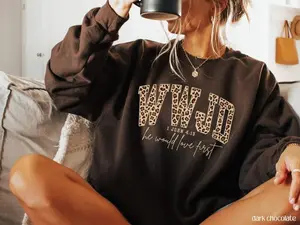 Christian Jesus Sweatshirt, WWJD Cheetah Print Bible Verse Tshirt, Trendy Faith Apparel Gift, Jesus Would Love First, Gildan for Men and Women, Gift for Him or Her