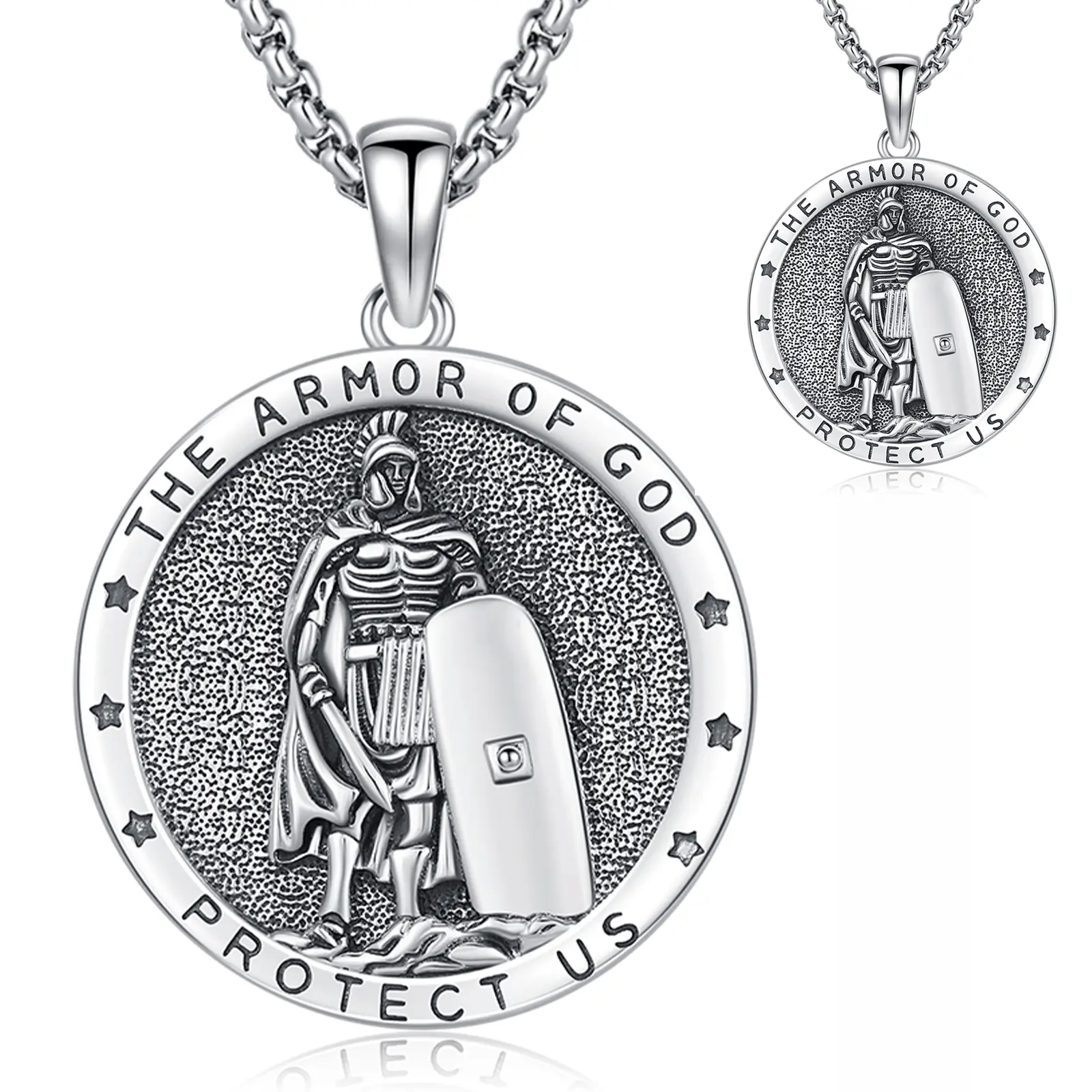 THANCHES 925 Sterling Silver Armor of God Jewellery Pendant, Knights Templar Religious Amulet Necklace Chain, Religious Accessory Gift for Men