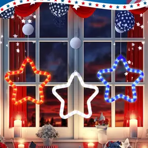 2026 New Patriotic LED Star Hanging Lights, Red White Blue Star Window Decor Lights, 4th of July Party Decorative Hanging Lights