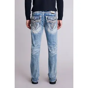 rr Men's Thick Stretch Landyn Alt Straight Denim Pants - Menswear with Embroidery, Leather Accents, Pocket Detail