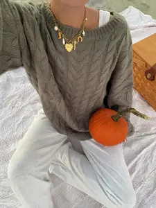 Autumn And Winter New Crew Neck Solid Color Simple Twist Long-Sleeved Knit Jumper, Women’s Loose Drop Shoulder Commuter Style Versatile Sweater Pullover