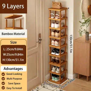 Vertical Shoe Rack - A tall and narrow shoe rack organizer suitable for small spaces, made of bamboo, for entryways, corners, and doorways. Space-saving, freely stackable, minimalist design, perfect for apartment living and entryway decor.