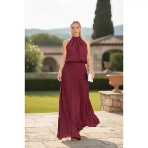 Open Back Pleated Halterneck Maxi Dress | Elegant Formal Gown