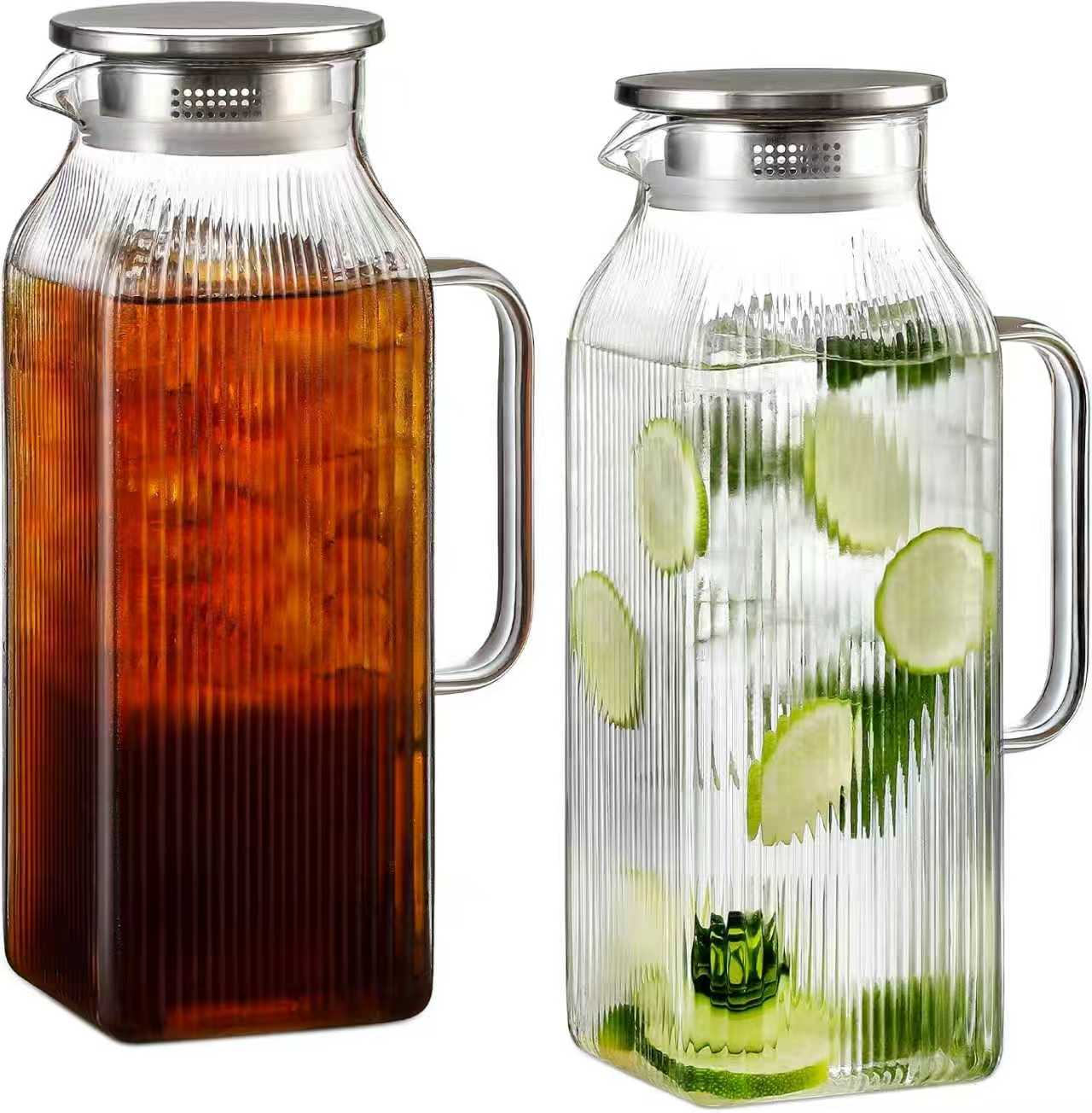 2-Pack Classic Stripes 68oz (2-Liter) Square Borosilicate Glass Pitcher Set, Silver Lids & Handles, Fridge-Safe Jugs for Hot/Cold Brew Drinks, Iced Tea