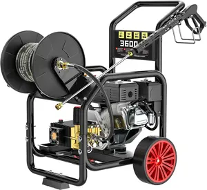 POHIR Gas Pressure Washer Powered 7HP with Hose Reel, 3600 PSI @ 3.3 GPM, Crankshaft Brass Pump, Portable Heavy Duty Industrial Washing