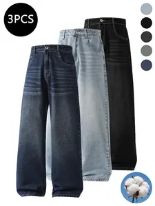 3-pack men’s jeans for autumn/winter, high cotton content, simple versatile straight-leg classic vintage jeans—men’s pants suitable for everyday commuting and casual wear.