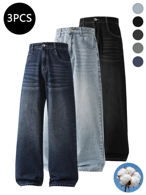 3-pack men’s jeans for autumn/winter, high cotton content, simple versatile straight-leg classic vintage jeans—men’s pants suitable for everyday commuting and casual wear. 3-pack men’s jeans for autumn/winter, high cotton content, simple versatile straight-leg classic vintage jeans—men’s pants suitable for everyday commuting and casual wear.