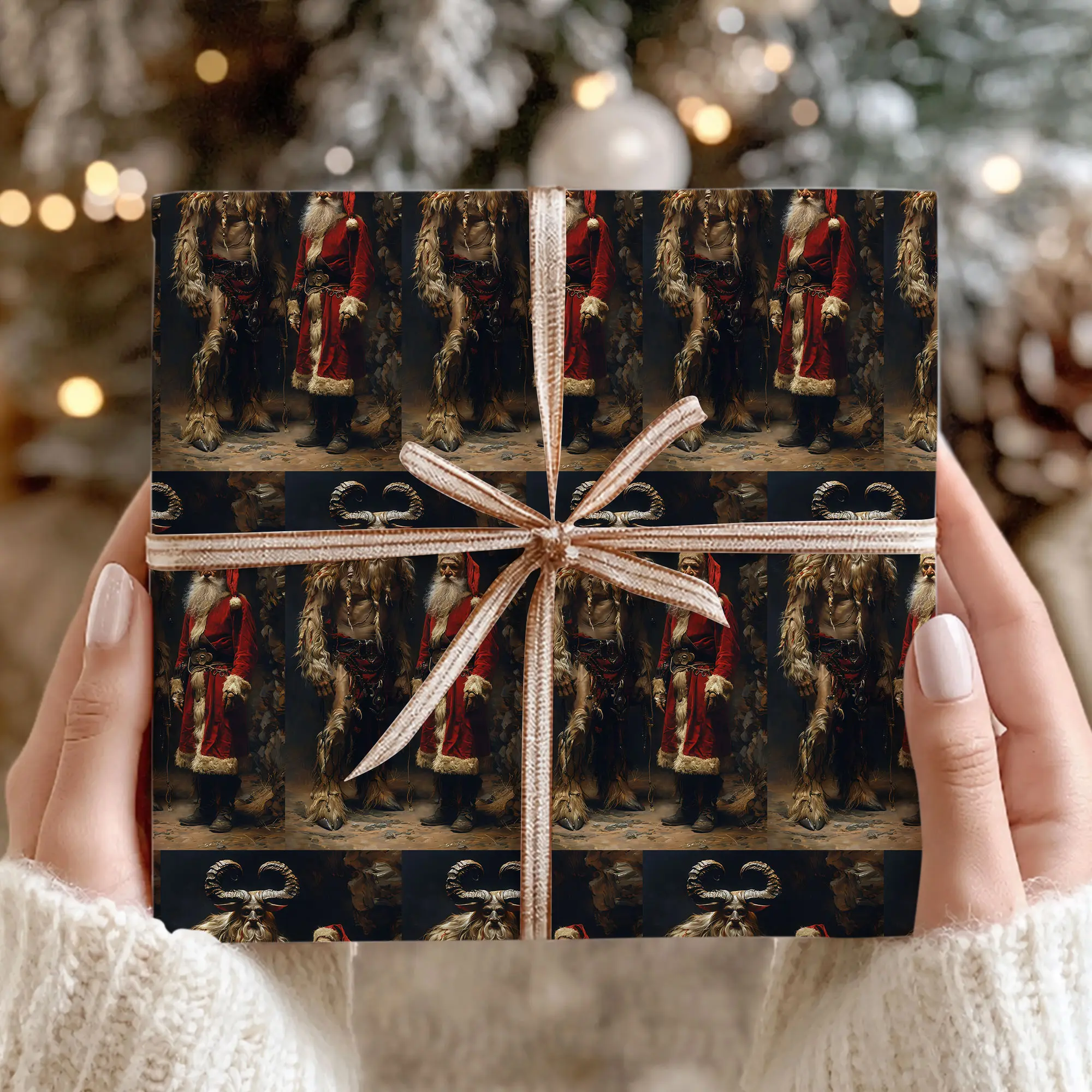 Santa Meets Krampus Wrapping Paper - Dark Gothic Christmas Gift Wrap | Horned Monster Holiday Paper for Xmas Gifts, Birthdays & Parties