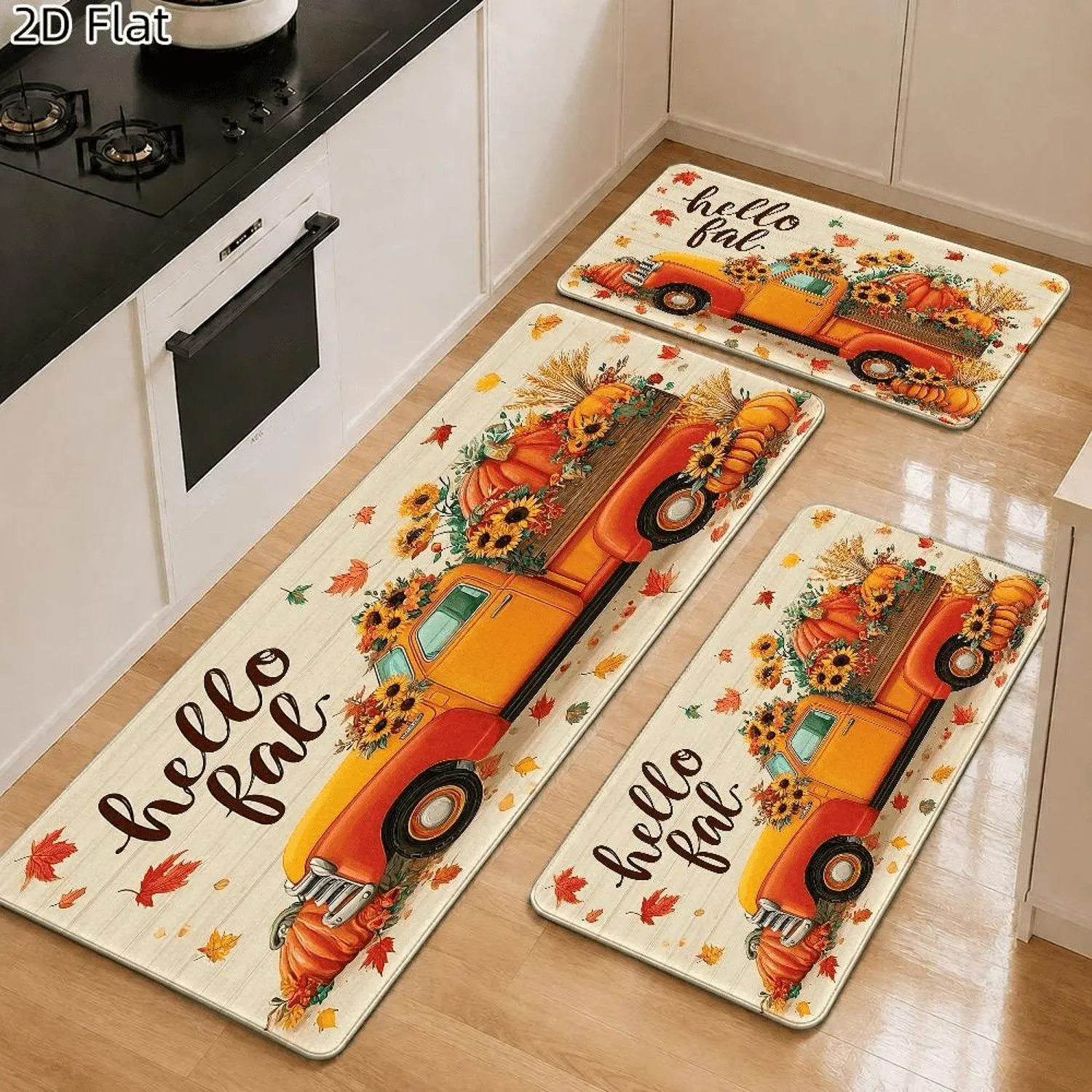 1pc 2D Flat Autumn Harvest Truck with Sunflower and Pumpkin Rustic Design Cozy Fall Themed Indoor Flannel Floor Mat Easy to Clean for Kitchen Living Room and Entryway Decorative Rug