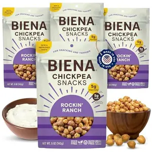 BIENA Chickpea Snacks - Crunchy Roasted Chickpeas - High Fiber Vegan Protein Snacks for Adults and Kids - 4-Pack, 5 Ounce Bags - Rockin’ Ranch