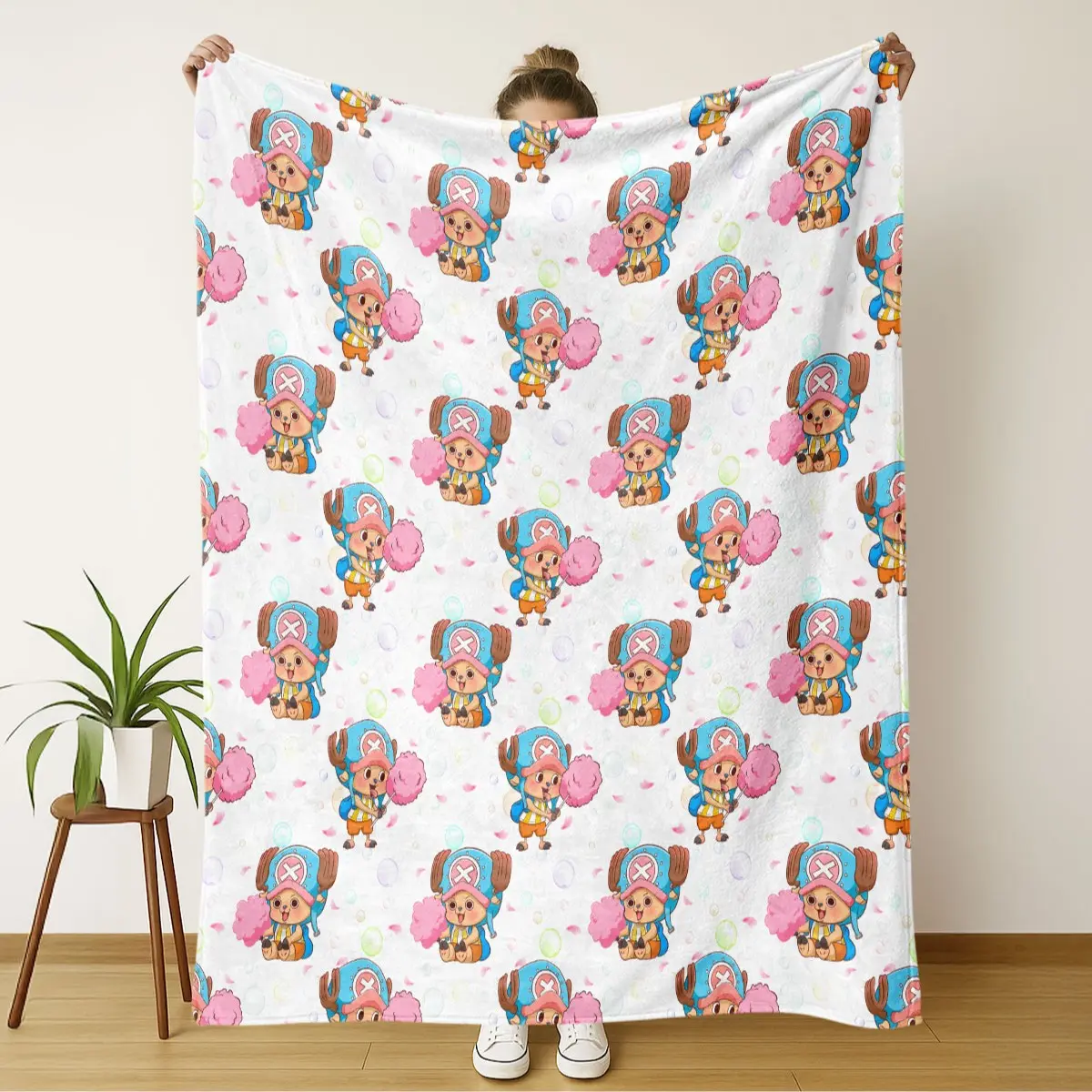 One Piece Chopper Cotton Candy Theme Flannel Blanket, Soft Digital Print, Cozy Feel, Perfect for Sofa & Office Naps, Multifunctional Outdoor Sports Blanket, Funny Throw Blanket