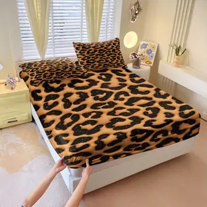 3Pcs Leopard Print Fitted Sheet Set, Light Tan and Black Animal Fur Pattern Bedding, Soft and Durable Fabric, Ideal for Bedroom Decor and Cozy Night's Sleep, Includes 1 Fitted Sheet, With 2 Coreless Pillowcases, Bed Sheets Set