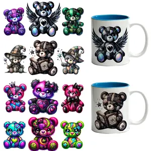 8-Piece Set, 4 Designs X 2 Pieces, 16 Oz UV DTF Crafts Cup Stickers, Bear Pattern 3D Decals, Durable Mixed Color Transfer Material