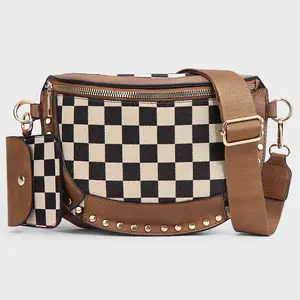 4731 Women's Checkerboard Rivet Chest Bag 2025 Shoulder Messenger Canvas Fanny Pack Bag