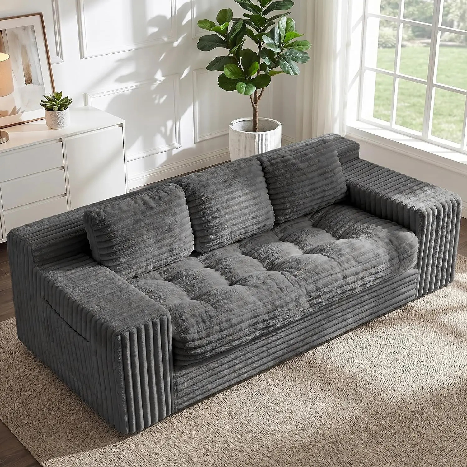 3-Seater Cloud-Style Corduroy Sofa, Soft Upholstered Floor Couch for Living Room, Bedroom or Apartment, Ready to Use with No Assembly