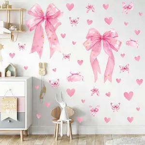 Large Pink Bow Wall Decals 6 Sheets 64 Pcs Bow Knot Wall Stickers Heart Bow Peel and Stick Wallpaper for Girls Room Nursery Bedroom Coquette Room Décor