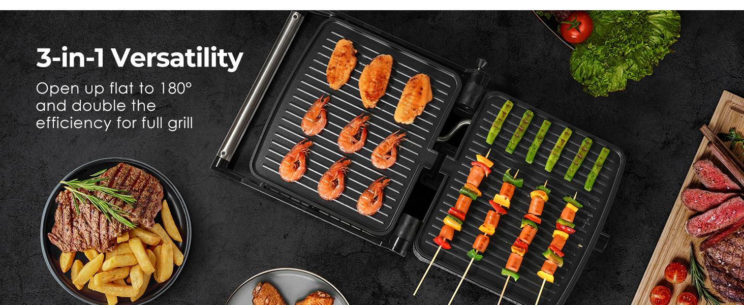 OSTBA Panini Press Grill with Adjustable Temperature 4-Slice Indoor Grill 180° Open Sandwich Maker Non-Stick Plates Stainless Steel 1200W Cast Aluminum Panini Press