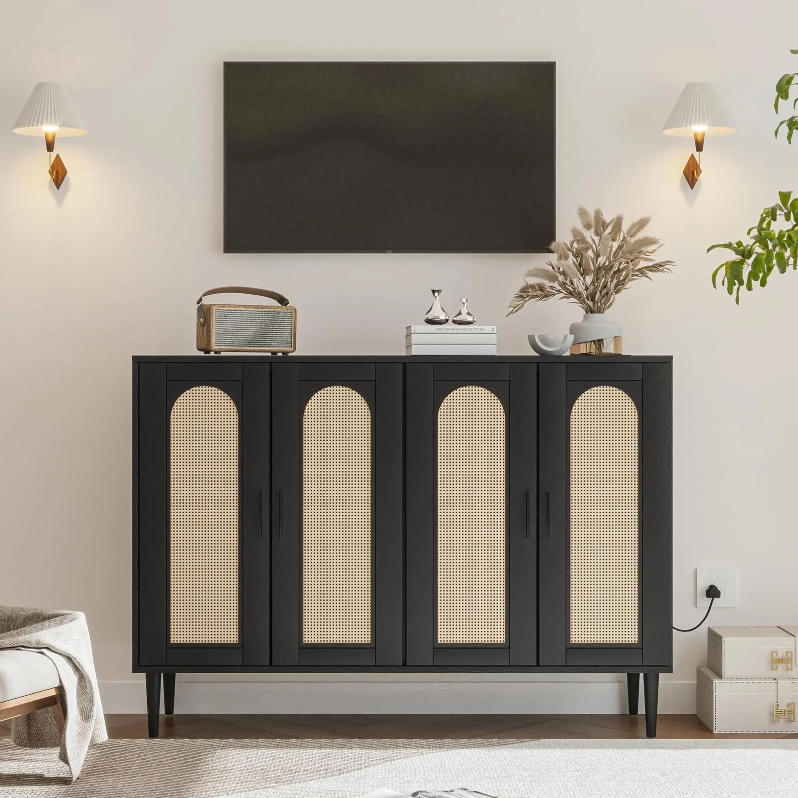 Boho Rattan Sideboard Buffet Cabinet - Durable Space Saving Furniture with Built-in 2 AC Outlets, 2 USB Ports, 4-Door Storage, Adjustable Shelves for Entryway, Dining Room, Various Room Types, 48"W X 34"H X 15"D
