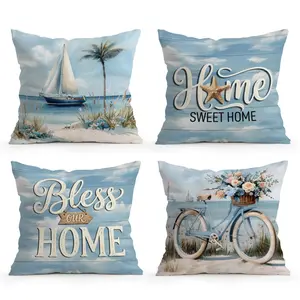 4pcs Summer Beach Sailboat Floral Pillow Covers, Home Textile, Single-Sided Print, No Insert, Living Room Bedroom Home Decor, All Seasons