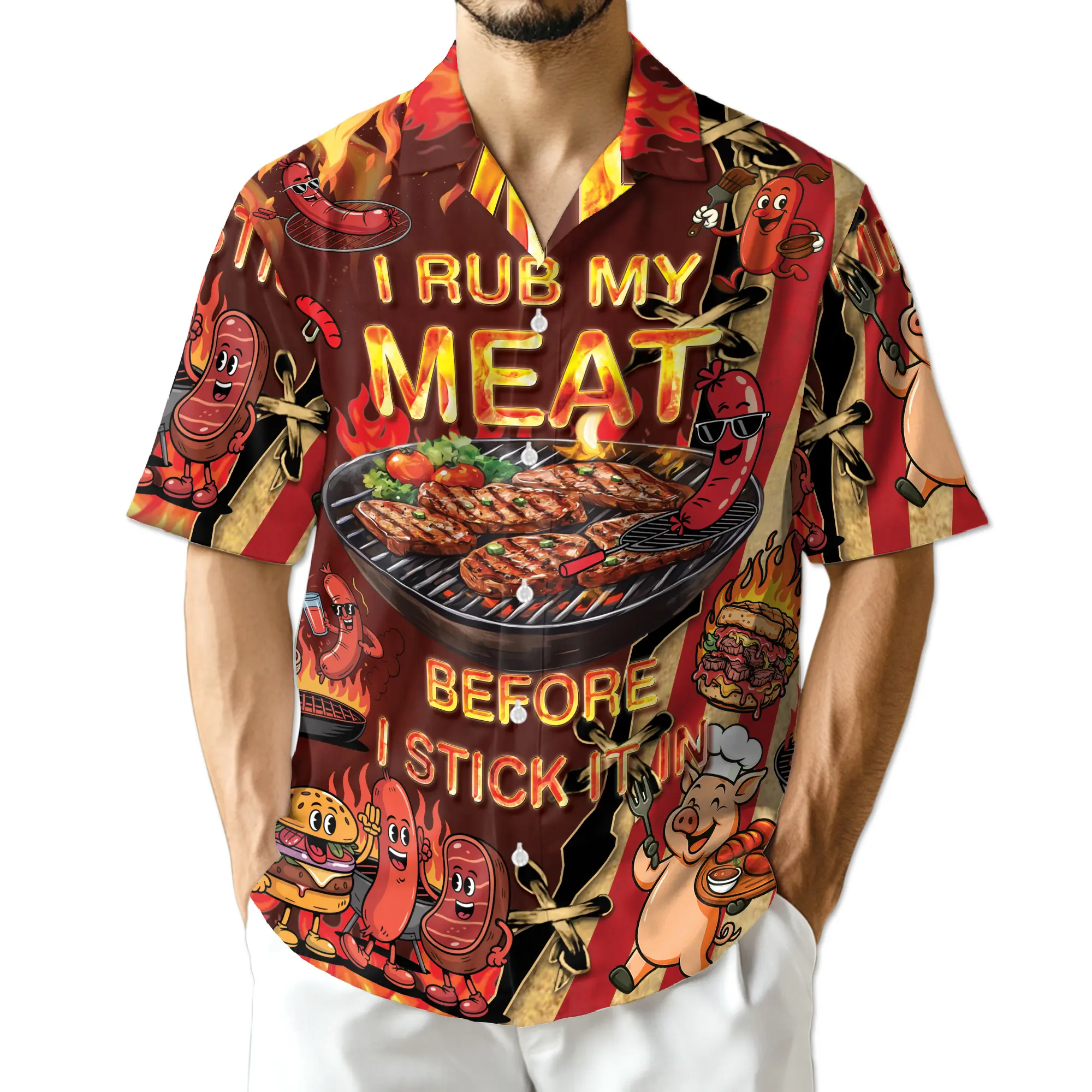 Funny Grilling BBQ Hawaiian Shirt for Men, Food Lover Gifts, Food I Rub My Meat Summer Beach Aloha Button Down Short Sleeve Shirts