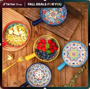 Bohemian style ceramic noodle bowl, colorful flower patterned salad bowl with handle, dessert bowl, microwave and dishwasher safe, scratch resistant, household kitchen utensils ceramic