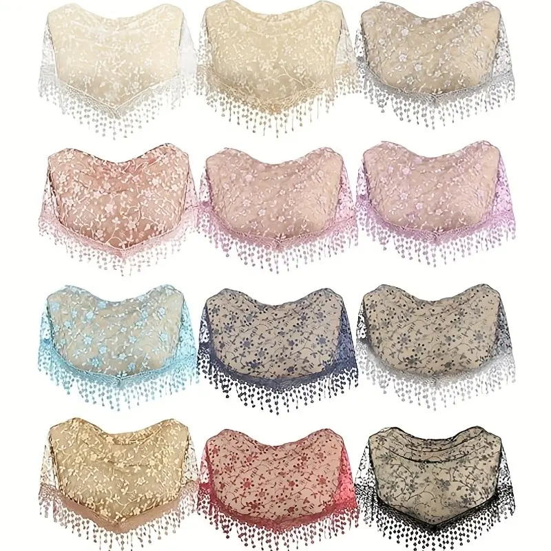 Set of 12 Church Veils for Women, Featuring Lace Triangle Mantillas And Floral Tulle Scarves in Bright Colors, Suitable for Catholic Mass