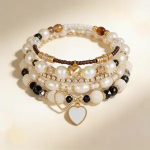 Women's Bohemian Multilayered Bangle Set - Hand-Beaded Pearl & Rhinestone Heart Charm, Adjustable Boho Style Bracelets, Lightweight Stackable Bangles for Daily Wear & Festivals, Bohemian Bracelets, Adjustable Bracelets