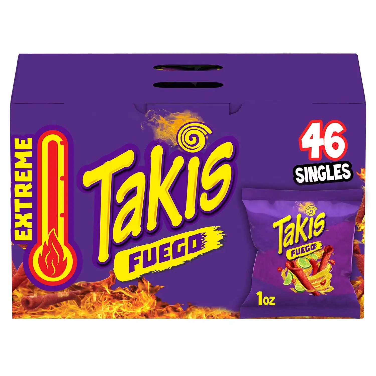 Takis Fuego Non-Fried Corn Rolled Tortilla Hot Chips - 1 oz Chili Flavored Snacks Crispy, 46 Singles Extreme Spice Snack Box
