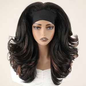 Wear and Go Glueless Wig Highlight Brown Color Synthetic Hair Short Body Wave 18 Inch Yaki Texture Headband Wig for Women Heat Resistant Daily Trendy Fashion Friendly Beginners