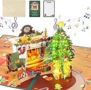 Musical Christmas Card,3D Pop Up Christmas Gift Greeting Cards with Light and Music,Lighting Fireplace LED Christmas Tree Card for Women Men Kids Husband Wife and Christmas Holiday