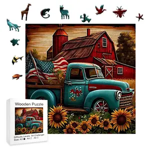 Vintage American Farm Truck Puzzle 5A Difficulty Retro Red Barn Sunflower Wood Jigsaw for All Ages A3 Size Game