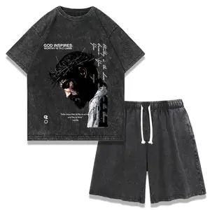 Christian Jesus God Inspires 2 Piece Set, Men's Retro Print Short Sleeve T-Shirt & Drawstring Shorts Summer Streetwear