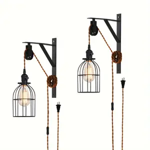 1/2 Piece Set Of Plug-in Pendant Light - Farmhouse Pulley Wall Light With Brown Plug-in Power Cord And Switch, Industrial Pendant Light Plugged Into Bedroom Wall Socket