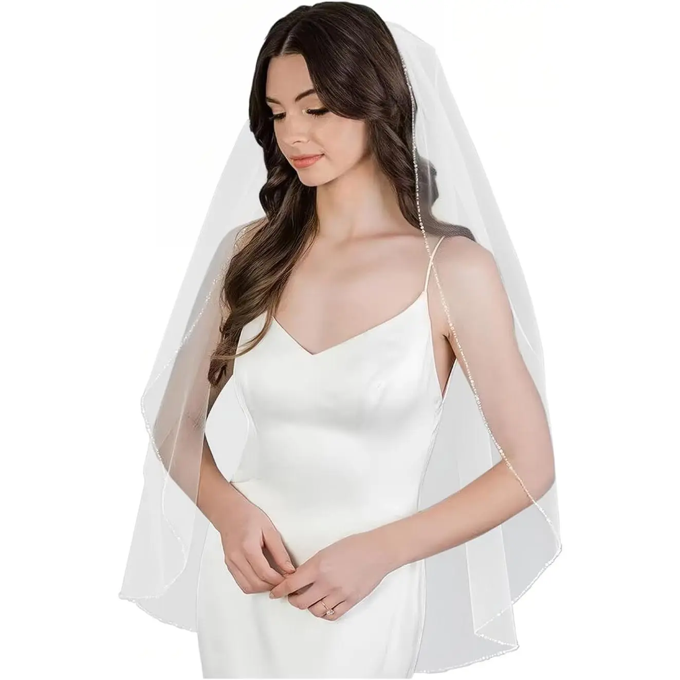 Bridal Veil Pearl Beaded Edge 1 Tier Fingertip Length Wedding Veil with Comb