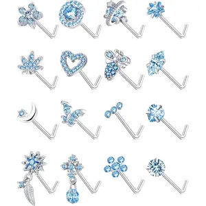 16 count 20G Nose Rings Studs Stainless Steel L Shaped Nose Stud CZ Butterfly   Leaf  Moon Heart Flower Dangle   for Women Men /White/Blue/Clear