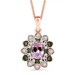 Premium  Kunzite and Multi Gemstone 2.25 ctw Blooming Flower Pendant Necklace in 18K Vermeil Rose Gold Over Sterling Silver 20 Inches Christmas Gifts