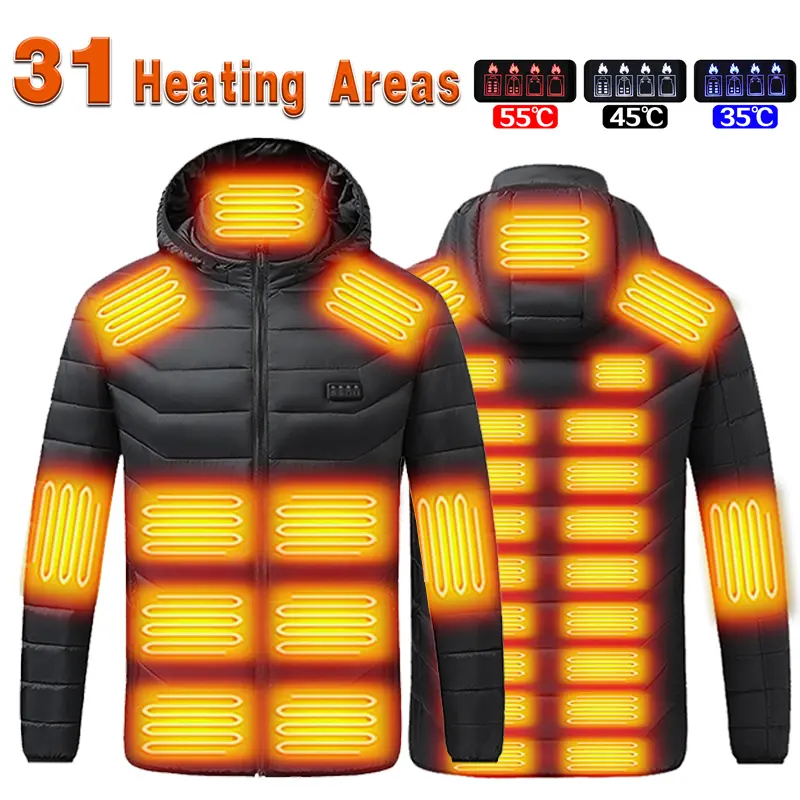 USB Heated Hoodie Jacket for Men Women, 31 Heating Zone Long Sleeve Winter Coat with Adjustable Heat Levels, Ideal for Outdoor Sports, Daily Wear, Hiking, Camping, Cold Conditions