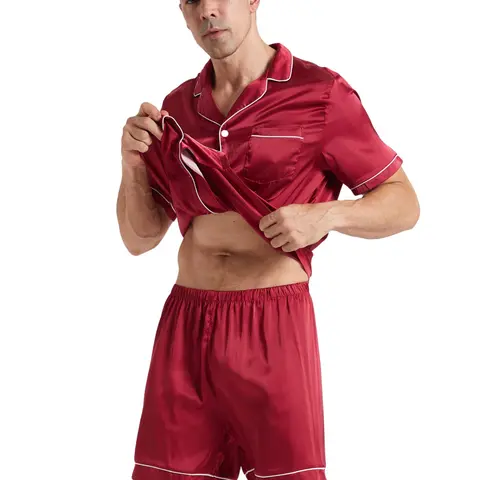 Two-Piece Set Men's Contrast Binding Faux Silk Pyjama Set, Loose Casual Comfy Short Sleeve Button Front Shirt & Elastic Waist Shorts PJ Set, Men's Sleepwear & Loungewear for Summer, Pajama Set, Pajamas