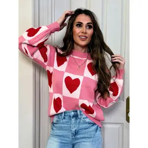 Pink Love Heart Checkered Valentine  Sweater